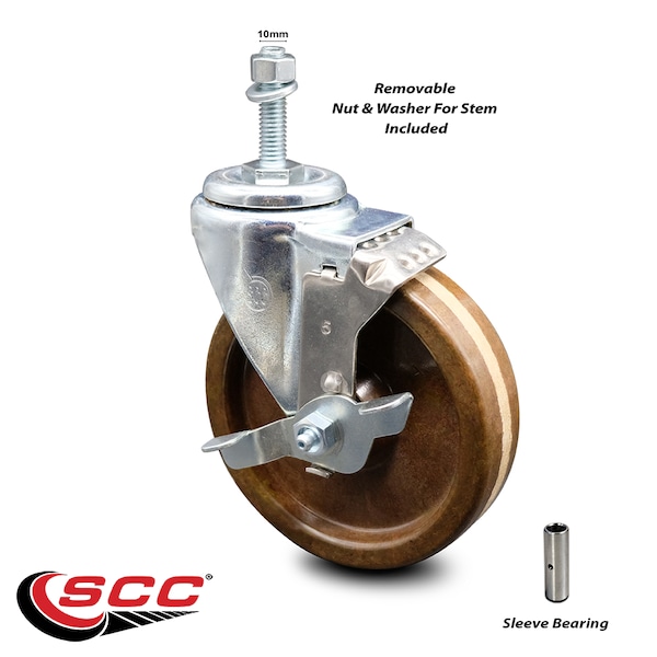 5 Inch High Temp Phenolic Wheel Swivel 10mm Threaded Stem Caster with Brake